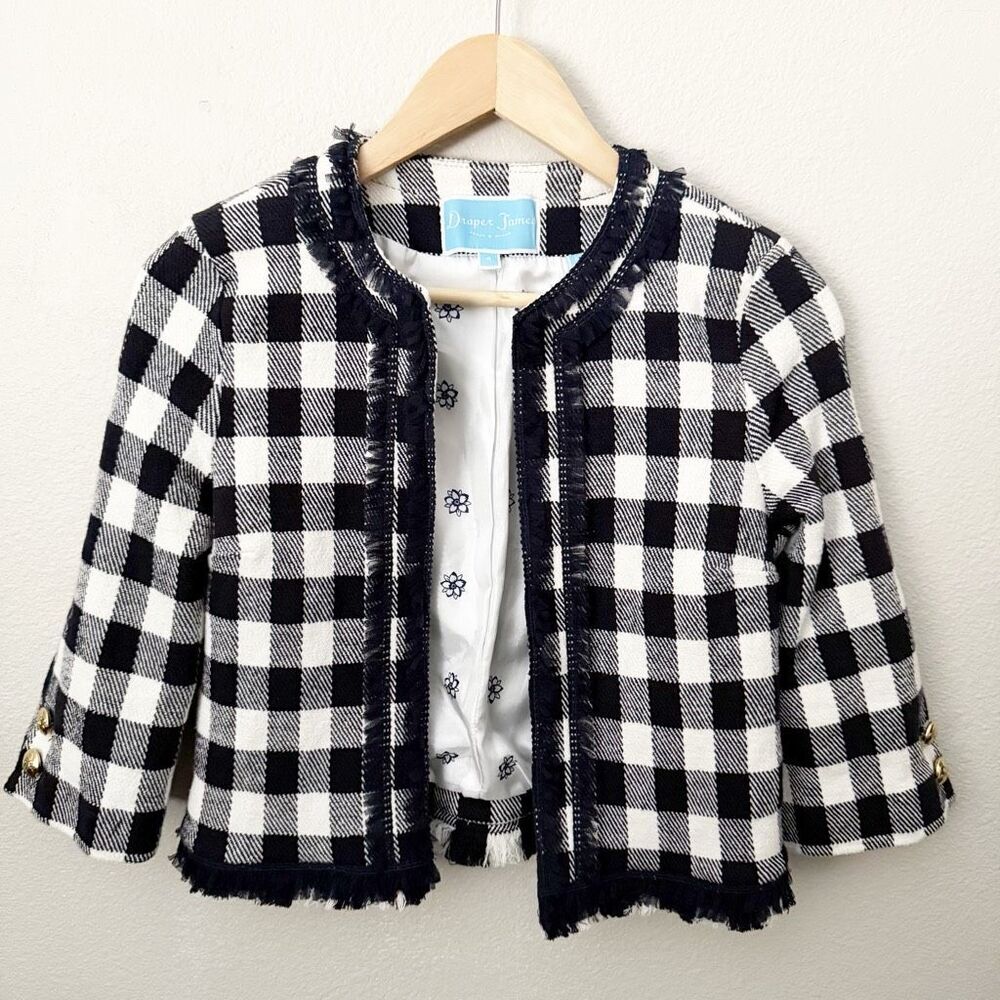 DRAPER JAMES | Shelby Jacket Navy White Check Plaid Tulle Trim Fringe | Size 4